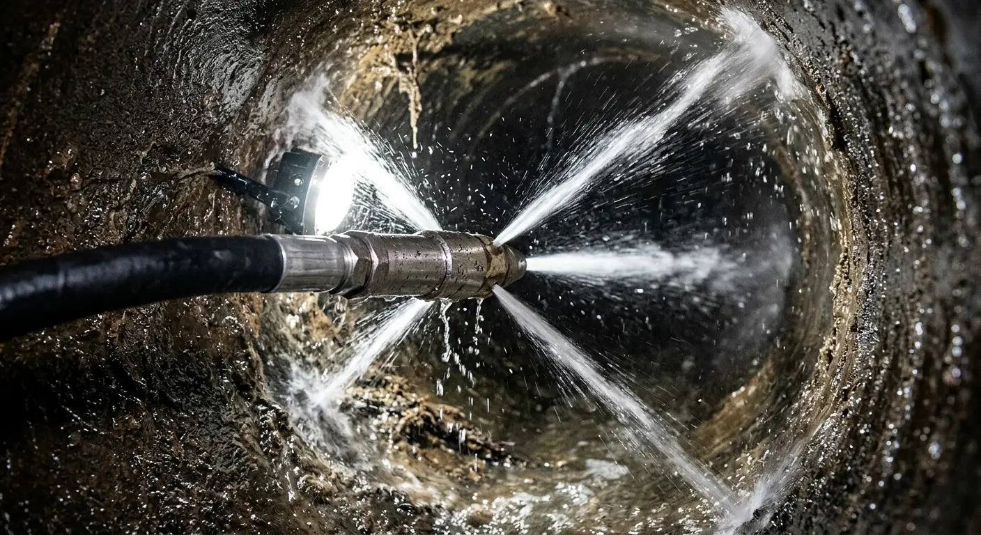 High-pressure hydro jetting nozzle cleaning sewer pipe for Trenchless Sewer Repair in South Valley