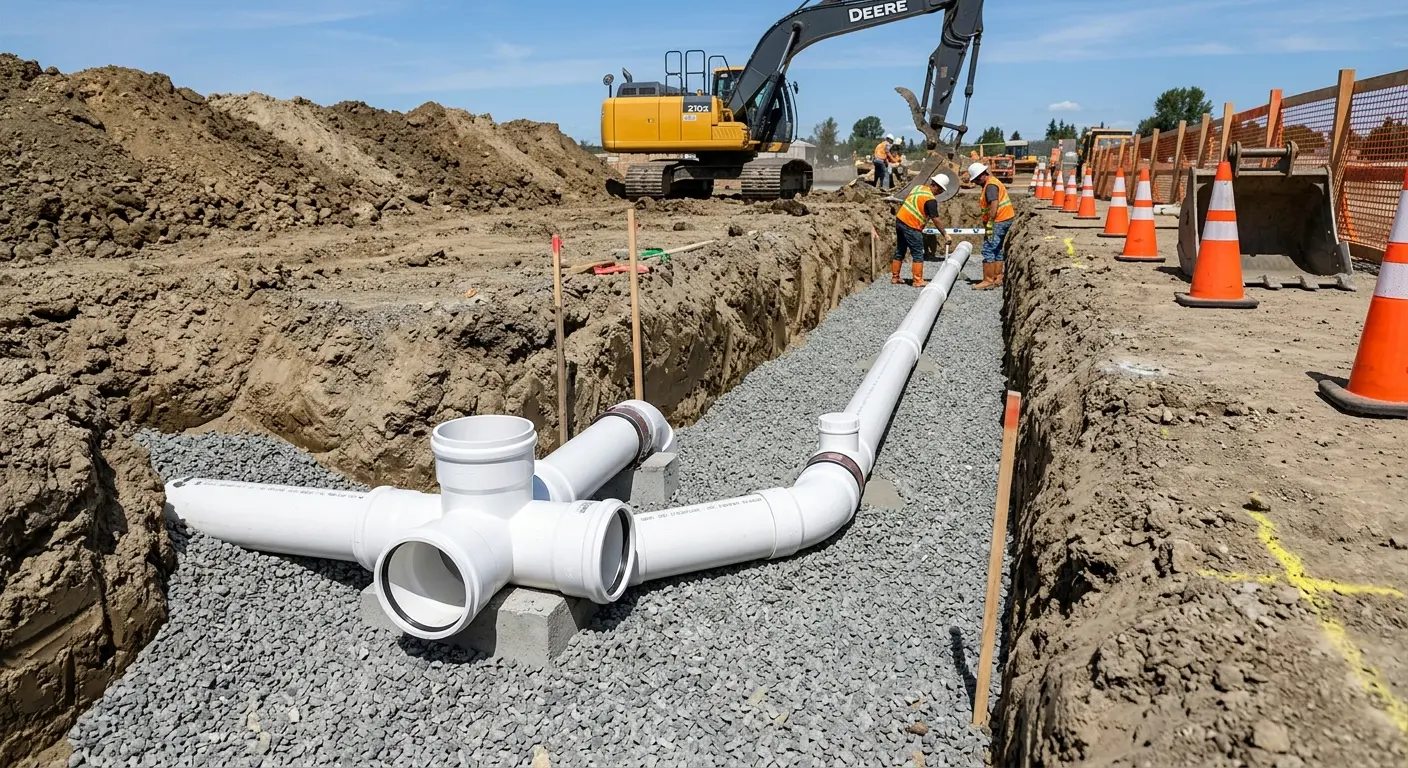 New PVC sewer pipe installation in open trench for Commercial Drain Cleaning in South Valley