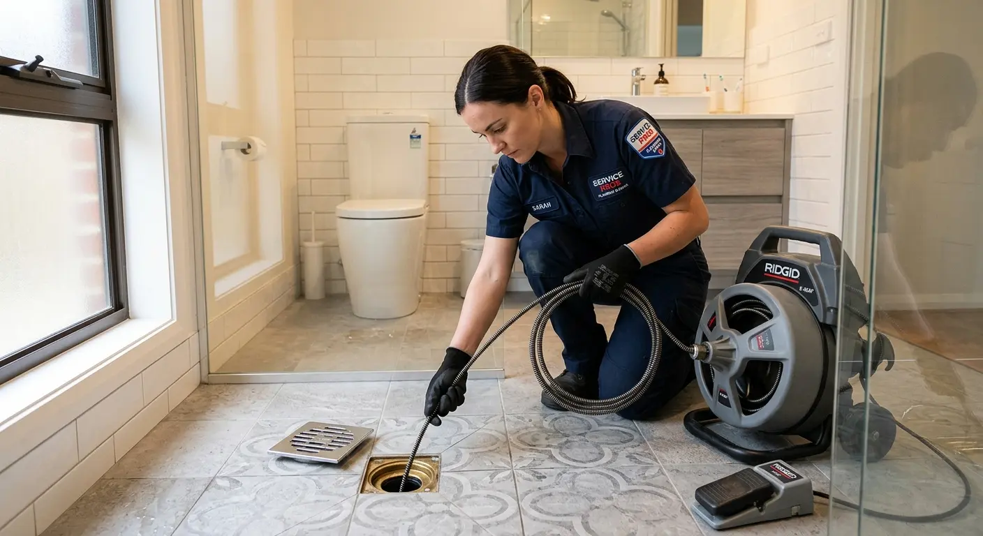 Technician clearing a bathroom floor drain for Sewer Line Replacement in South Valley